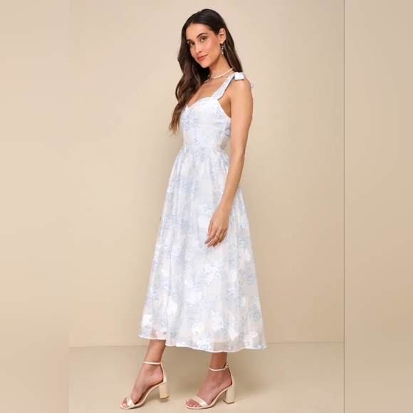Lulus Beautifully Adored White Floral Burnout Tie-Strap Midi Dress XL Wedding - Picture 3 of 9